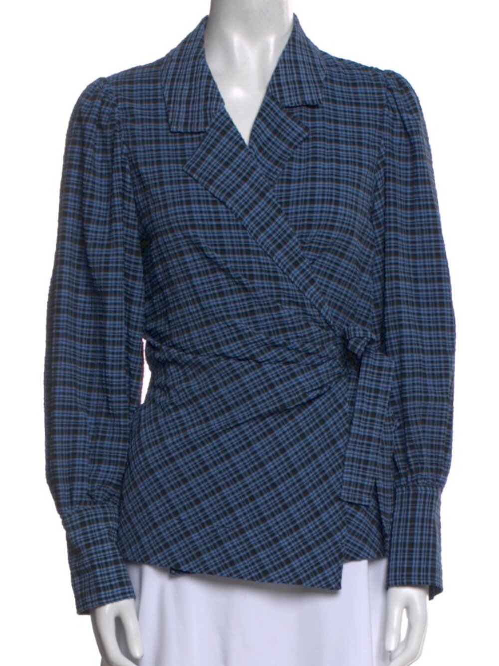 Ganni Blue Seersucker Check Wrap Top Puff Sleeve Plaid V-Neck 36 6